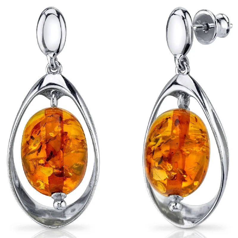 Baltic Amber Oval Shape Earrings in Sterling Silver