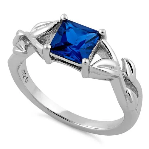 Sterling Silver Leaves Vines Princess Cut Blue Spinel CZ Ring