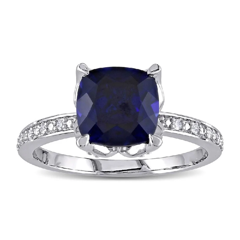 Miadora 10k White Gold Cushion-Cut Created Blue Sapphire and Diamond Ring