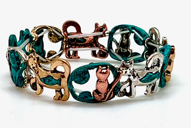 Patina Cat with Fish Stretch Bracelet