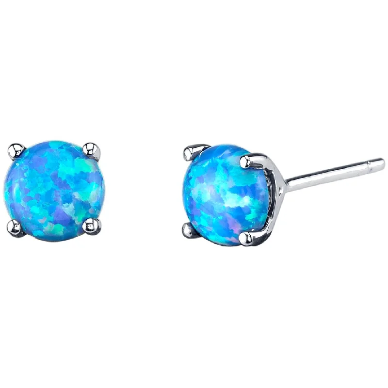 14k White Gold Blue Opal Stud Earrings 1 ct Round Shape