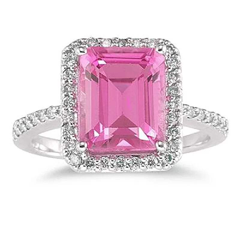 4 1/2 Carat Emerald Cut Pink Topaz and Diamond Ring 14K White Gold