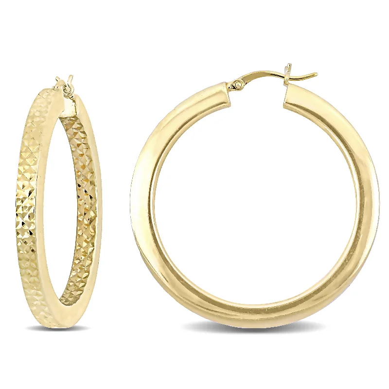 Miadora Yellow Plated Sterling Silver Diamond-cut Textured Hoop Earrings - 4 mm x 40 mm - 4 mm x 40 mm