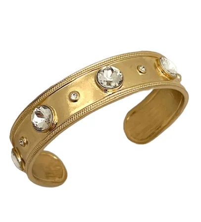 Gold Cuff with Inlaid Crystal or Pearl Stones - 6 Colors