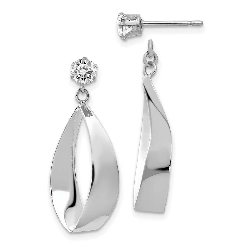 Curata 14k White Gold Surgical steel post Polished Oval Dangle with Cubic Zirconia Stud Earrings Jackets