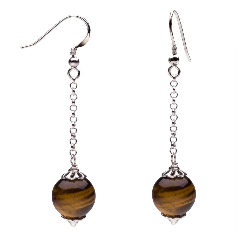 Sterling Silver 12mm Round Tiger Eye Dangle Earrings