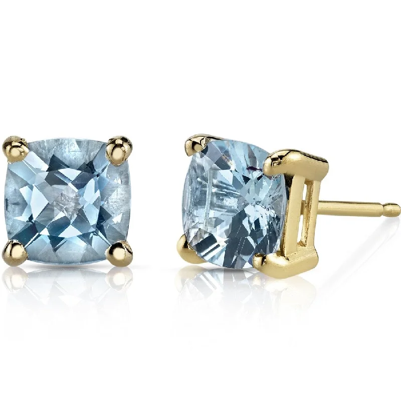 14k Yellow Gold Aquamarine Stud Earrings 1.46 ct Cushion Shape