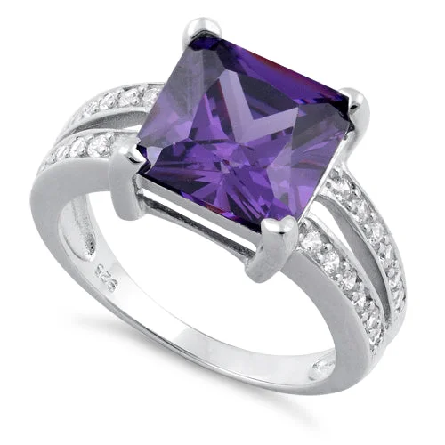 Sterling Silver Amethyst Square CZ Ring