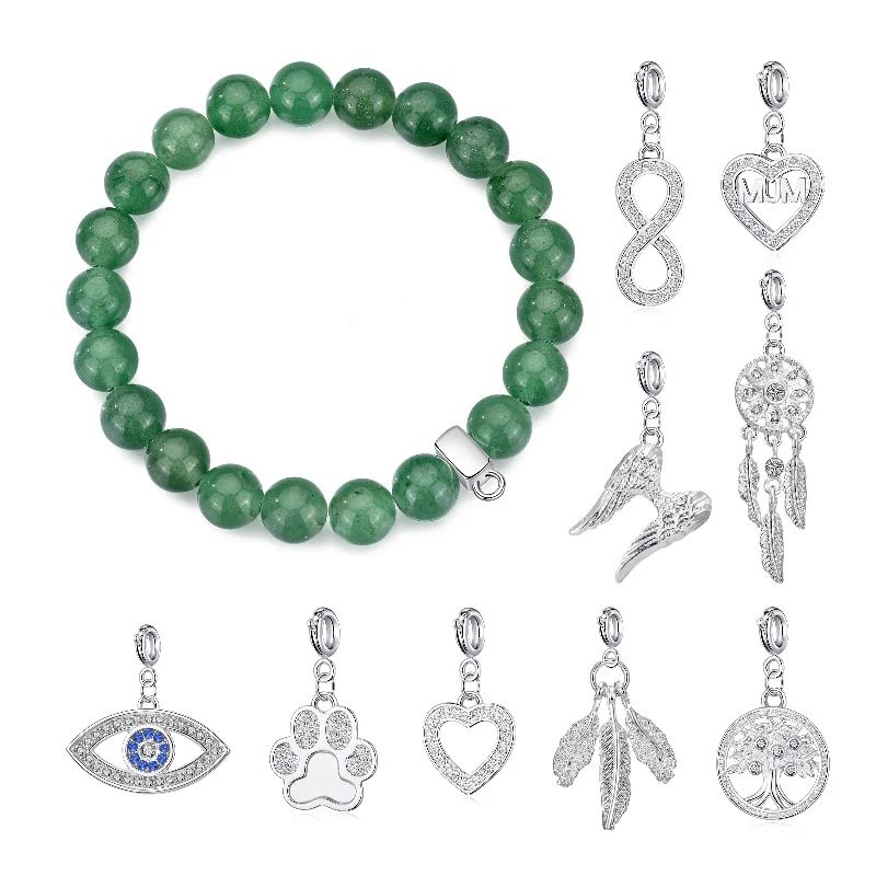 Green Aventurine Gemstone Stretch Bracelet with Charm Created with Zircondia® Crystals