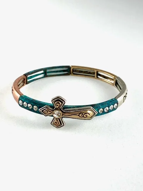 Patina Stretch Bracelet Hope Dream Trust with Cross