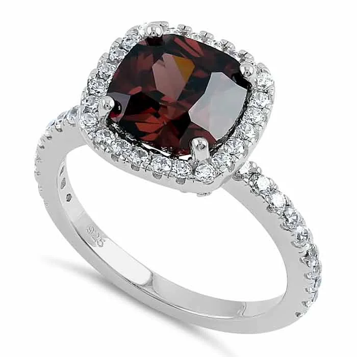 Sterling Silver Cushion Cut Brown and Clear CZ Ring