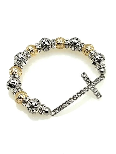 Two Tone Stretch Inspirational Bracelet with Cross