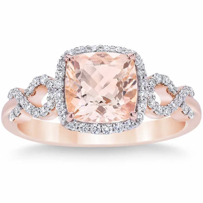 Pompeii3 10k Rose Gold 2 1/2 Ct Morganite Cushion Halo Diamond Ring