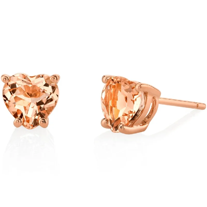 14k Rose Gold Morganite Stud Earrings 1.5 ct Heart Shape