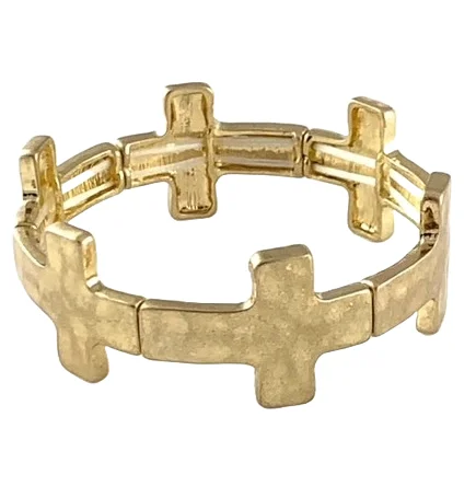 Gold Hammered Stretch Bracelet Cross