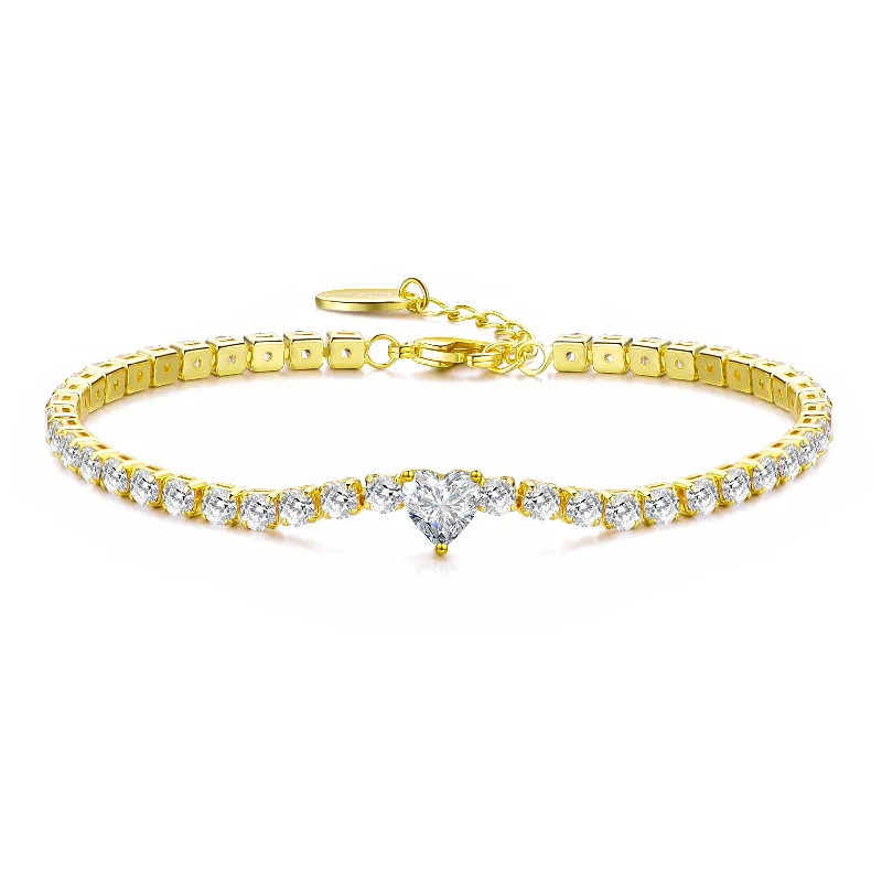 Gold Plated Heart Solitaire Tennis Bracelet Created with Zircondia® Crystals