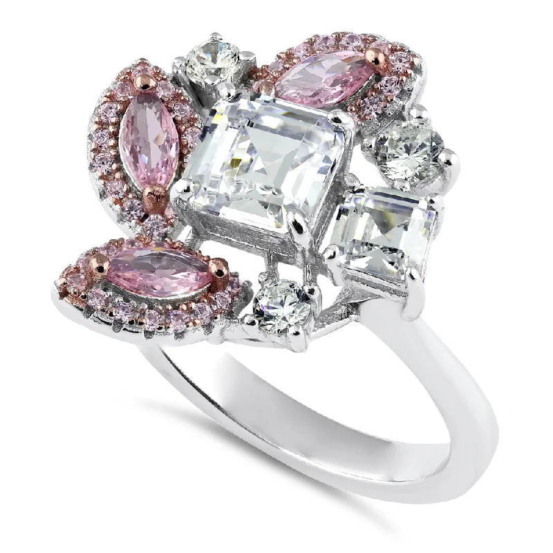 Sterling Silver Square Marquise and Round Cut Pink and White CZ Cluster Ring