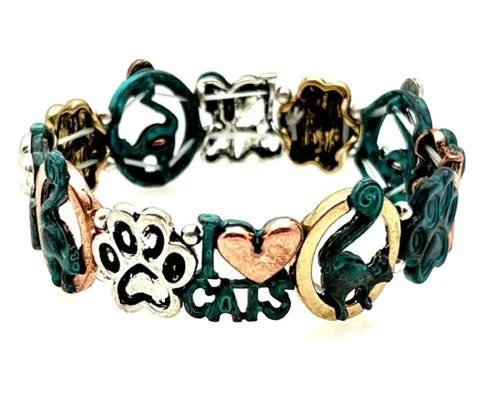 Multi Metal Patina I Love Cats Stretch Bracelet