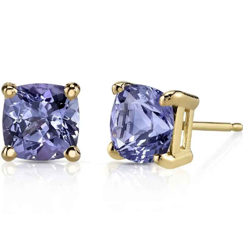 14k Yellow Gold Tanzanite Stud Earrings 2 ct Cushion Shape