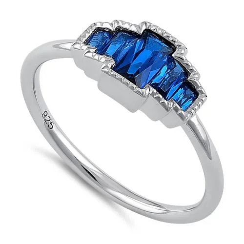 Sterling Silver Five Radiant Cut Blue Spinel CZ Ring