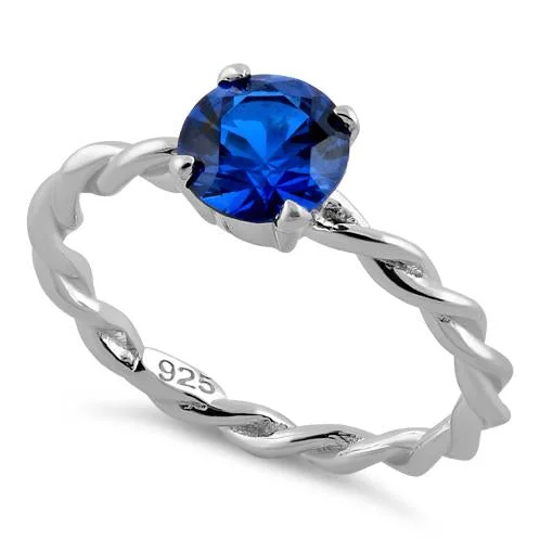 Sterling Silver Blue Spinel Twisted Band CZ Ring