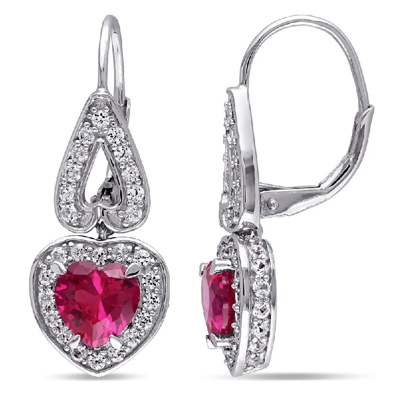 Miadora Sterling Silver Created White Sapphire and Created Ruby Heart Dangle Earrings - Red