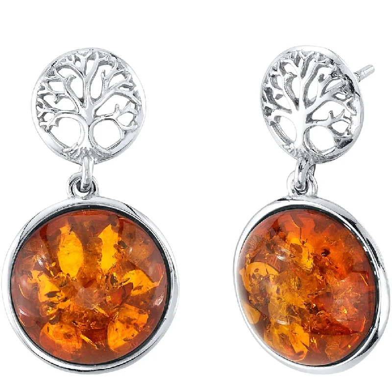 Baltic Amber Tree Design Drop Earrings in Sterling Silver