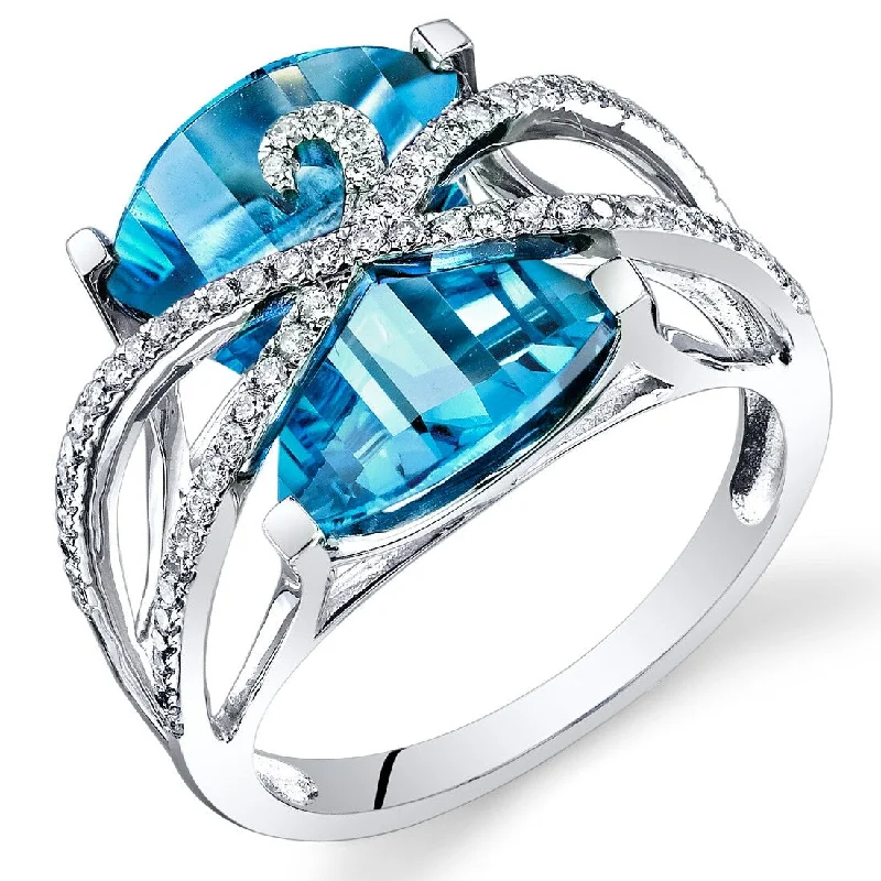 Oravo 9.1 ct Swiss Blue Topaz Baroness Diamond Ring in 14k White Gold