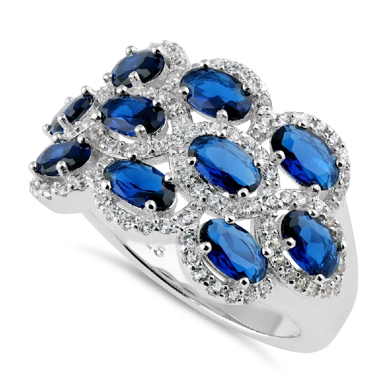 Sterling Silver Blue Sapphire CZ Cluster Ring