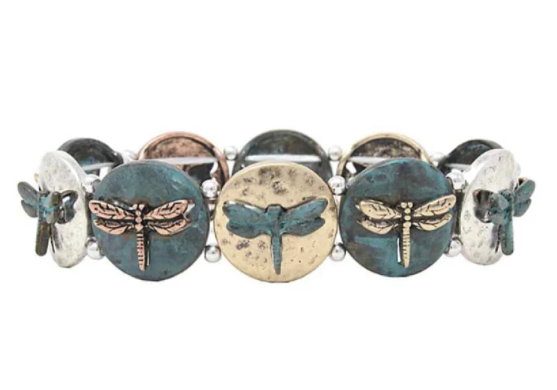 Patina Stretch Bracelet Round Disc Dragonfly