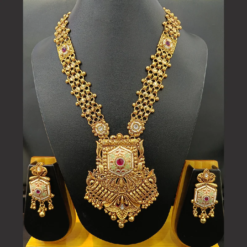 Jain Jewellers Gold Plated Kundan Stone And Pearl Meenakari Long Necklace Set