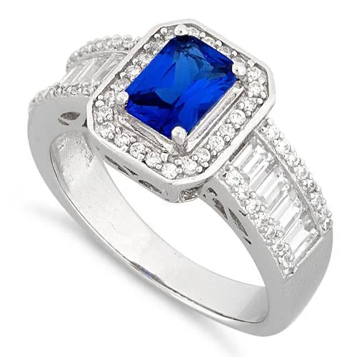 Sterling Silver Emerald Cut Blue Sapphire Clear CZ Ring