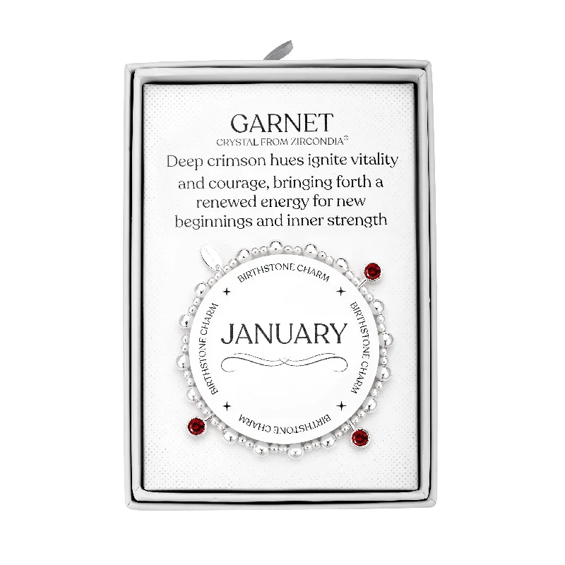 January (Garnet) Birthstone Stretch Charm Bracelet with Quote Gift Box