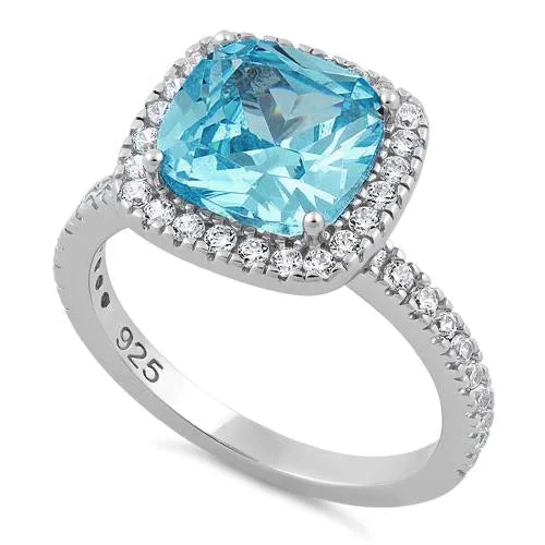 Sterling Silver Cushion-Cut Aqua Blue CZ Ring