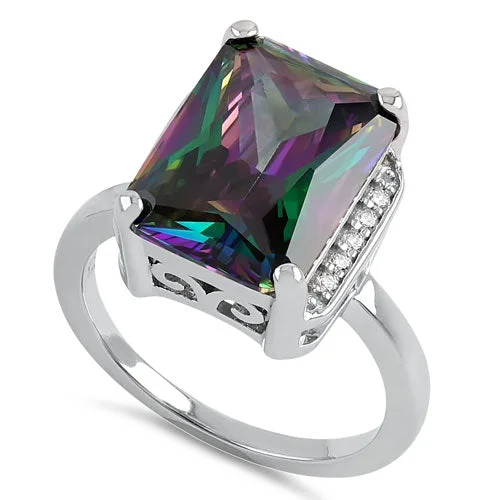 Sterling Silver Big Rainbow Rectangle CZ Ring