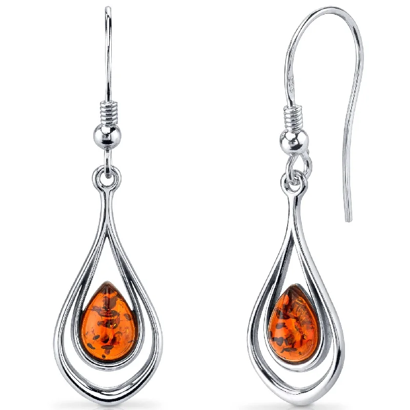 Baltic Amber Teardrop Dangle Earrings in Sterling Silver