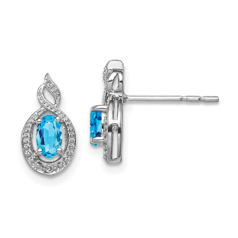 Curata 925 Sterling Silver 13x7mm Light Swiss Blue Topaz and Diamond Post Earrings