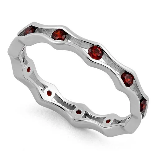 Sterling Silver Wavy Eternity Garnet CZ Ring