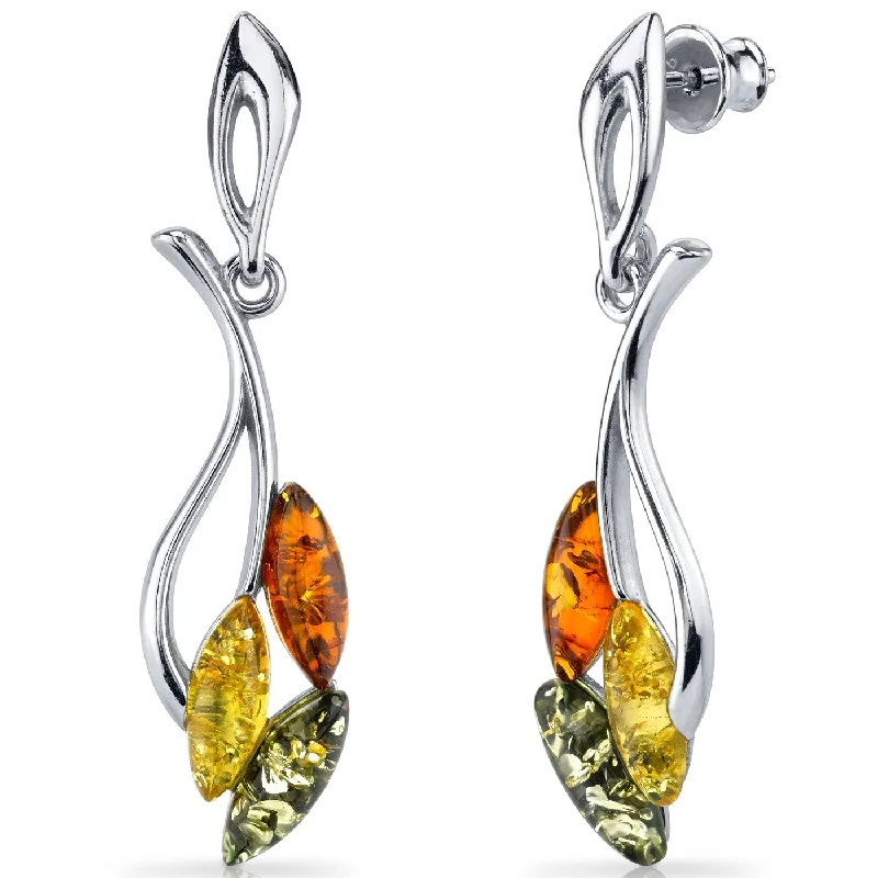 Baltic Amber Leaf Design Dangle Earrings in Sterling Silver