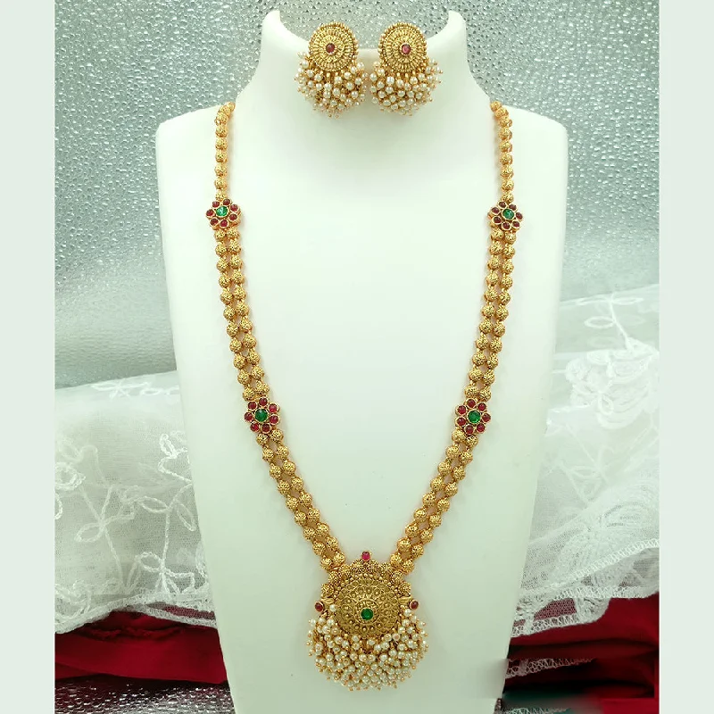 Joyful Jewel Art Matte Gold Plated Pota Stone And Pearl Long Necklace Set