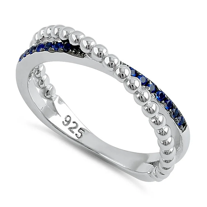 Sterling Silver Multi-Plated Overlap Beads Blue CZ Ring