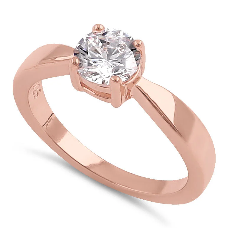 Sterling Silver 6mm Round Clear CZ Rose Gold Plated Ring