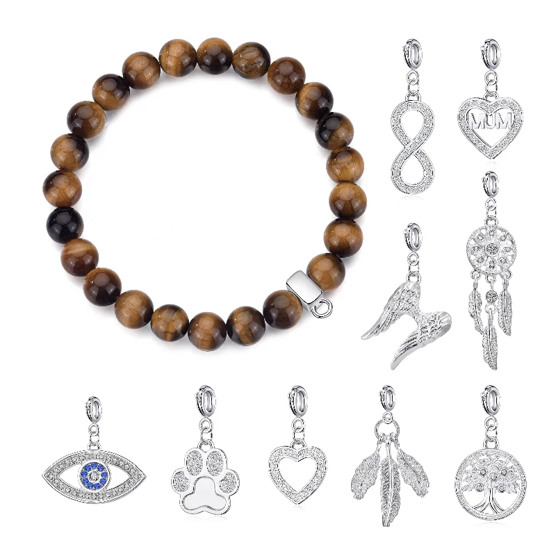 Tiger's Eye Gemstone Charm Stretch Bracelet with Charm Created with Zircondia® Crystals