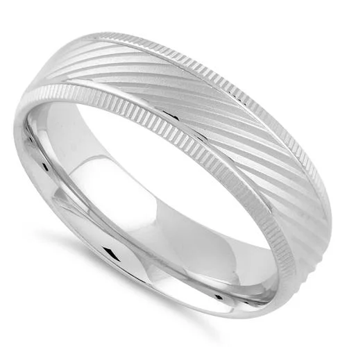 Sterling Silver Diamond Cut Slanting Lines Wedding Band Ring