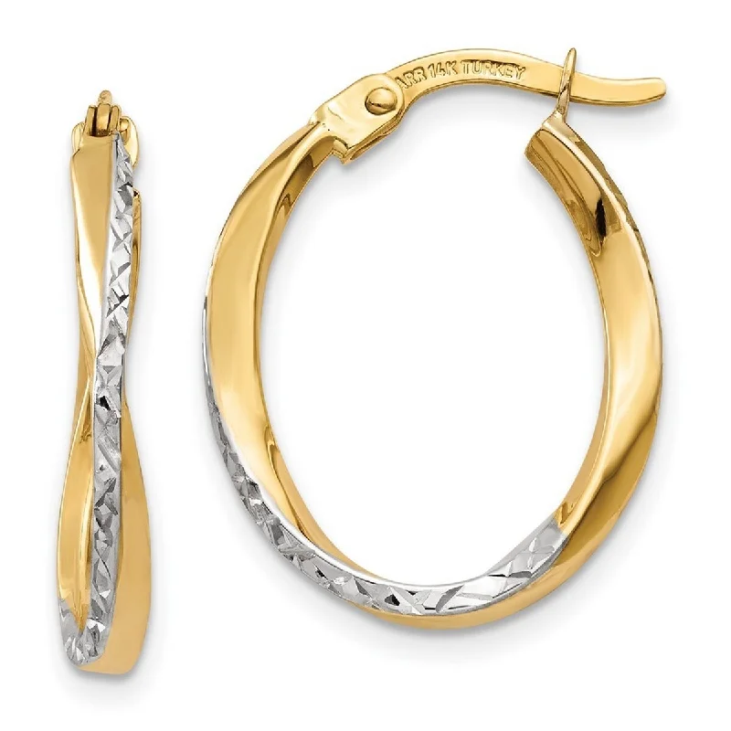 Curata 14k Yellow Gold and Rhodium Textured 17x2mm Twist Oval Hoop Earrings