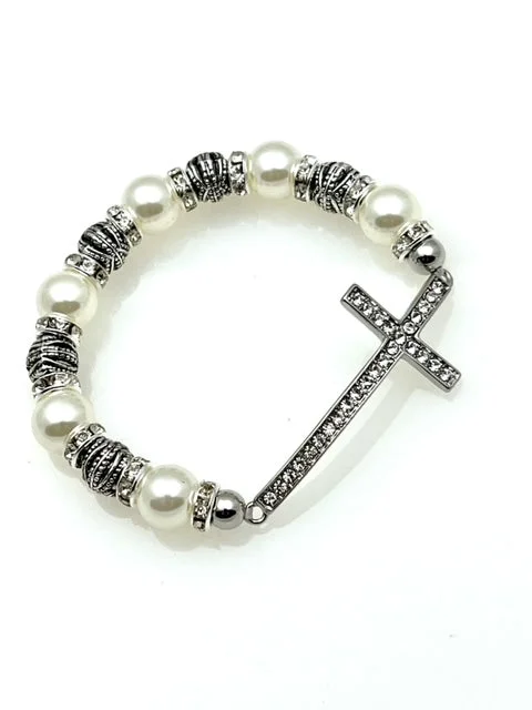 Silver Stretch Inspirational Bracelet with Cross and Pearls