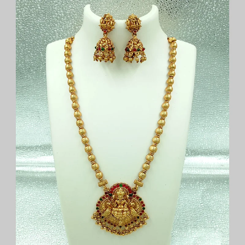 Joyful Jewel Art Matte Gold Plated Pota Stone Temple Long Necklace Set