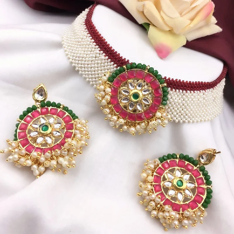 5G Jewellery Gold Plated Kundan And Pearl Choker Necklace Set