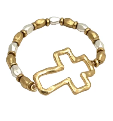 Two Tone Stretch Bracelet with Hammered Bead and Gold Cross Pendant