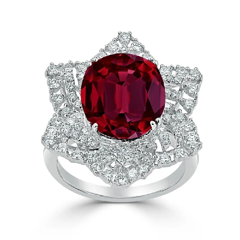 Auriya 8 1/3ct Oval Red Ruby and 9/10ctw Starburst Halo Diamond Ring 18K Gold